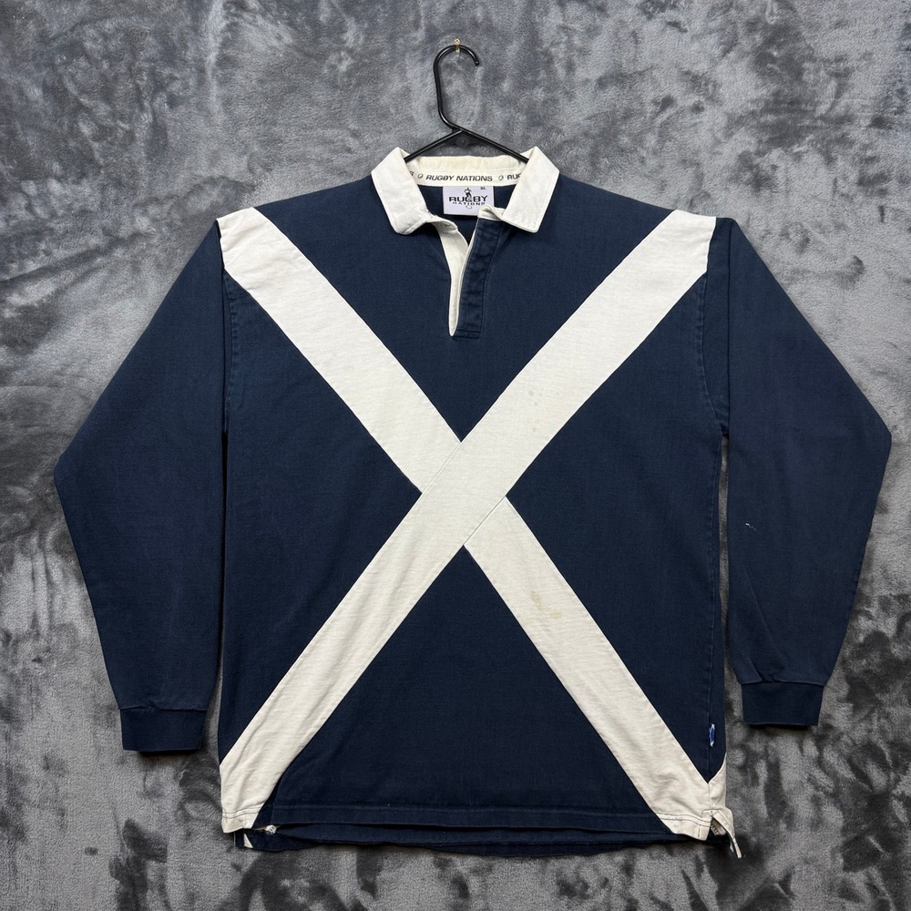 Rugby Nations Polo Shirt Mens XL Navy Blue Good Colorblock Cross Long Sleeve